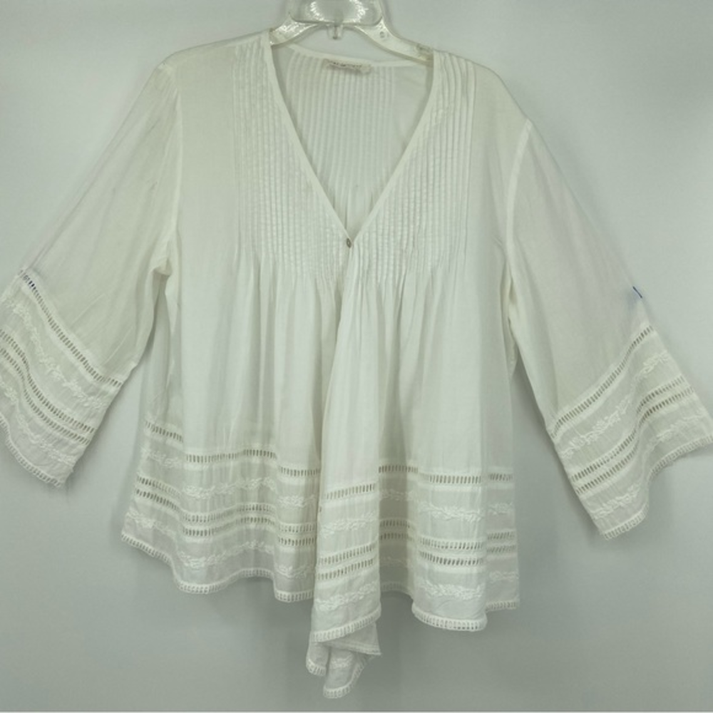 Lara Ethnics by Nature France, white cotton eyelet oversized loose fit top, L/XL